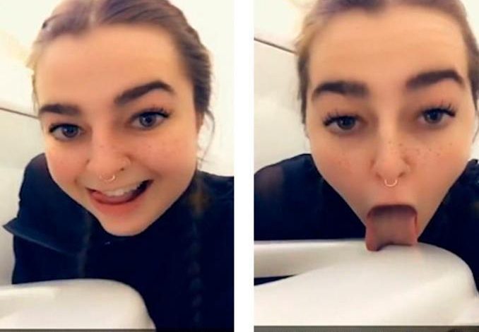 Video of a woman licking toilet seat in an airplane