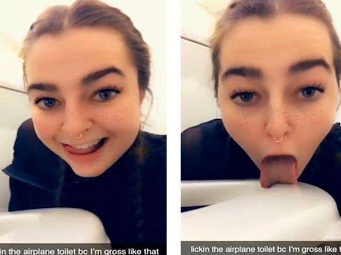 Video of a woman licking toilet seat in an airplane