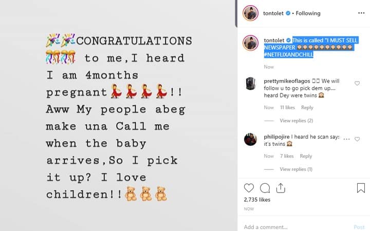 Tonto Dikeh reacts to "4 months pregnant for Bobrisky"
