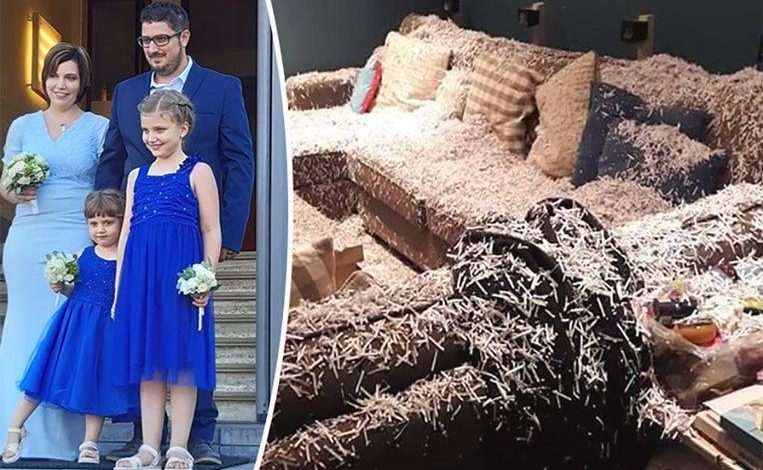 Couple return from their wedding, their home full of shredded paper
