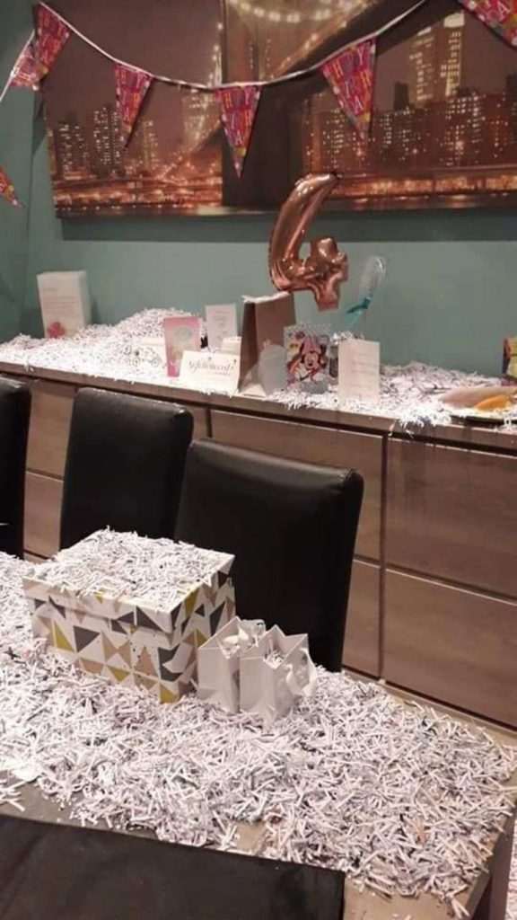 Couple return from their wedding, their home full of shredded paper