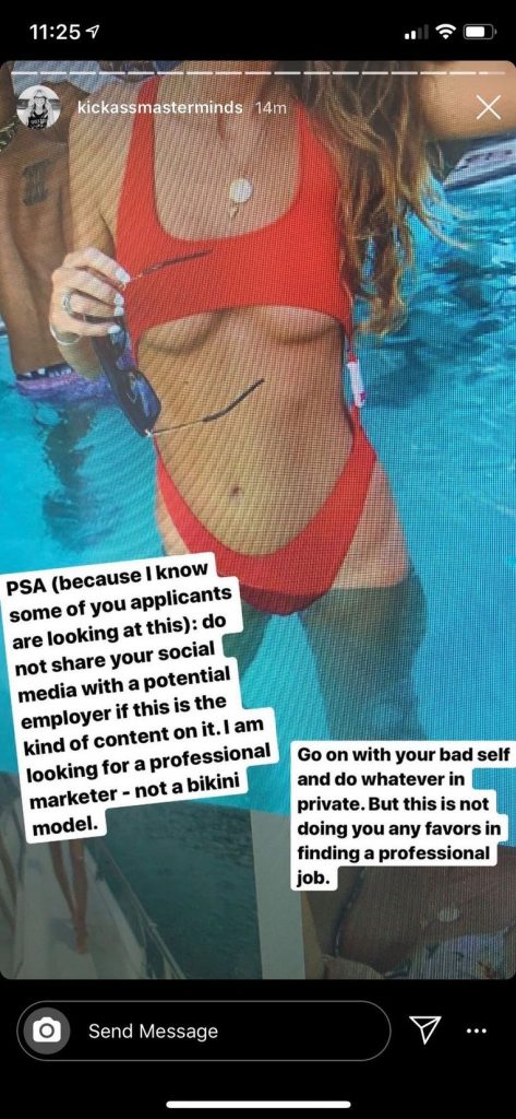 She applies at marketing agency and discovers her bikini photo with nasty comment