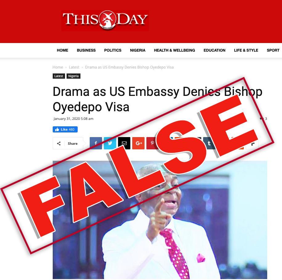 US embassy Nigeria reacts to visa denial to bishop Oyedepo