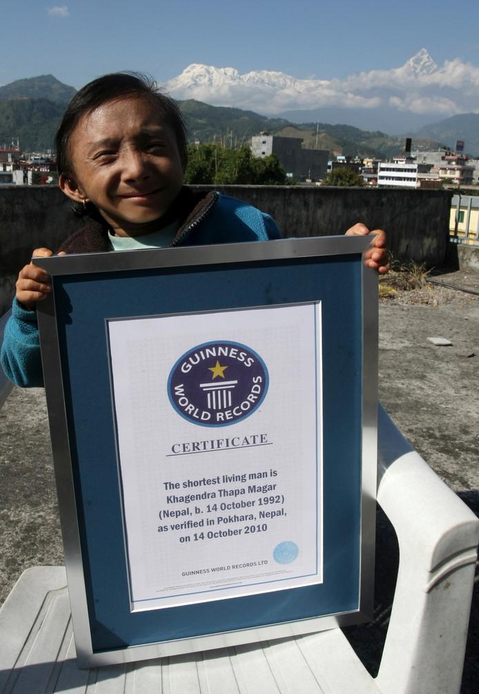 In October 2010, Khagendra Thapa Magar received a certificate from Guinness World Records for the smallest man