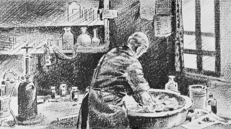 Ignaz Semmelweis washing his hands in chlorinated lime water before operating.