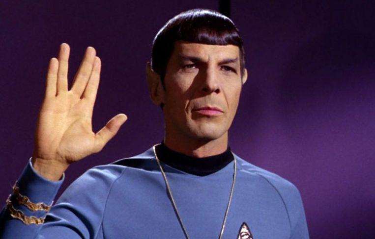 Leonard Nimoy as Mr. Spock in the original 'Star Trek' series. Here he shows the classic salutation of his people, the Vulcans.