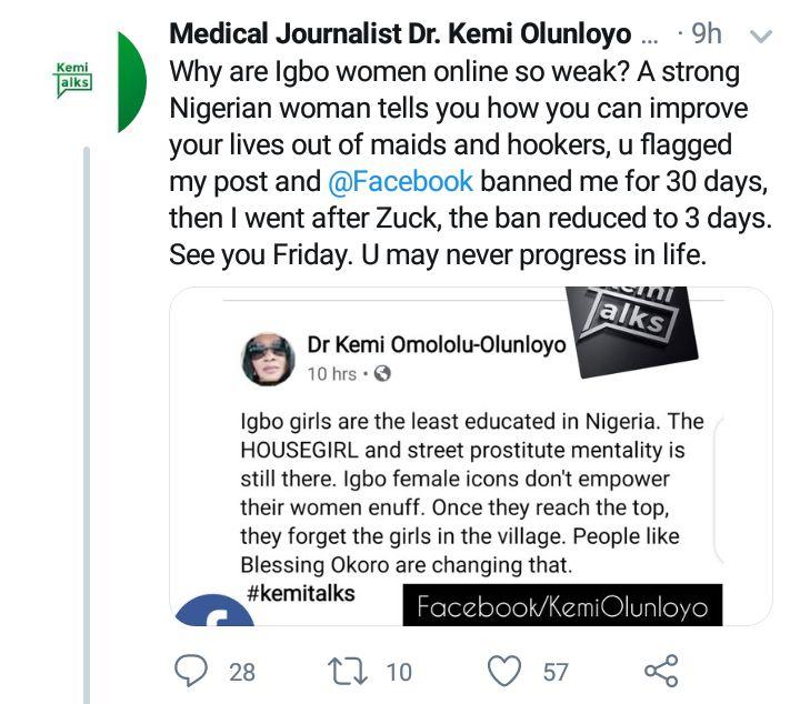 Reason Facebook banned Kemi Olunloyo for 30 days