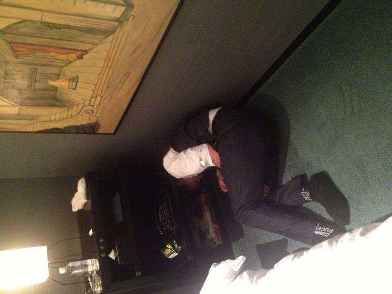 Depp is (counted out by the drink?) on the floor.
