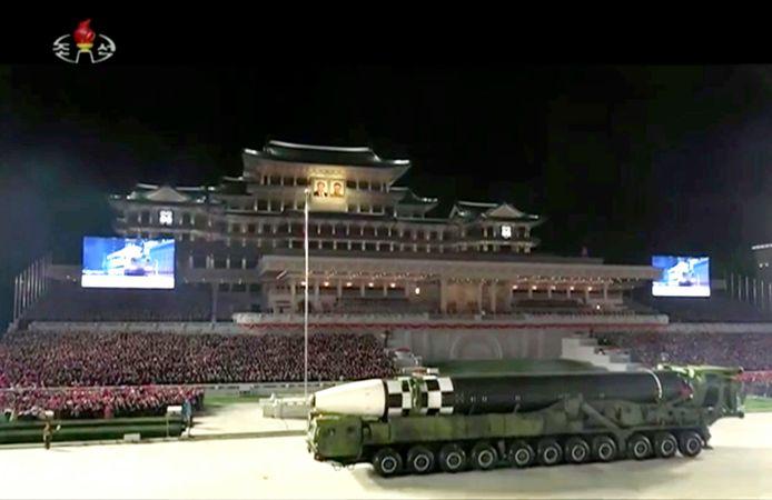 Photo shows a military parade with what appears to be a possible new intercontinental ballistic missile (ICBM) at Kim Il Sung Square in Pyongyang.
