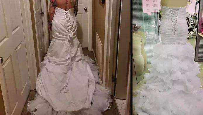 Aubrey wears the dress inside out without even realizing it. Right: the dress as it should have looked.