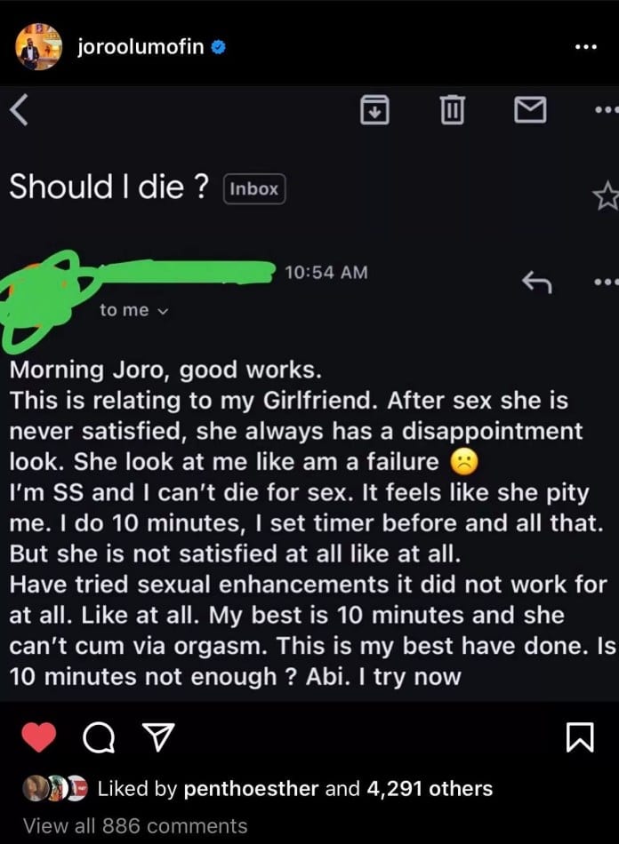 Man in pain: I last for 10 minutes but my girlfriend is not satisfy