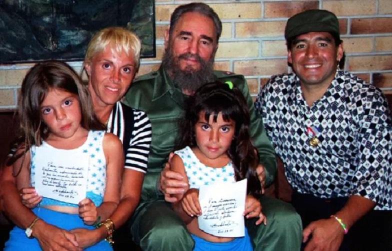 Maradona poses in 1994 with his then-wife Claudia, his two daughters and Cuban President Fidel Castro. 
