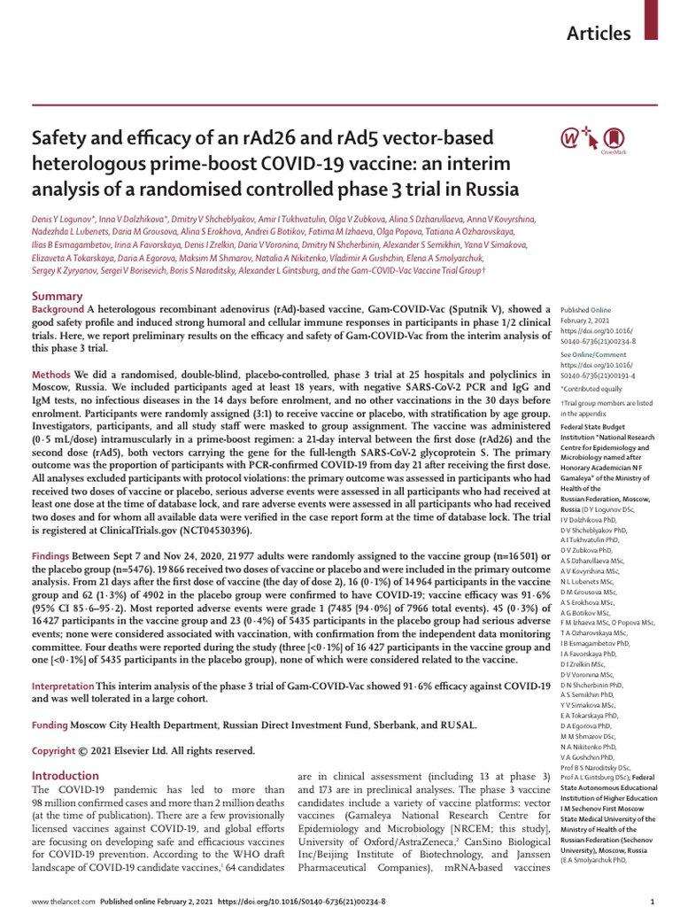  Sputnik V, the Russian vaccine, showed 91.6% effectiveness, no serious adverse effects 
