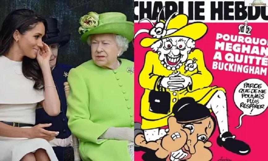 Queen Elizabeth suffocates Meghan Markle with her knee on cover ‘Charlie Hebdo’