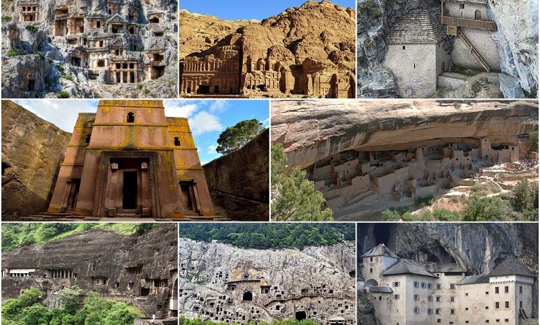 Ancient beautiful castles and temples carved in caves and rocks