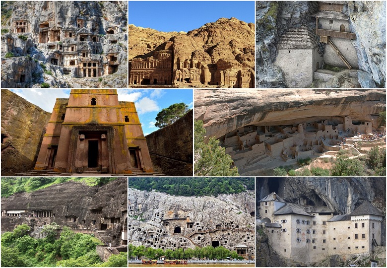 Ancient beautiful castles and temples carved in caves and rocks