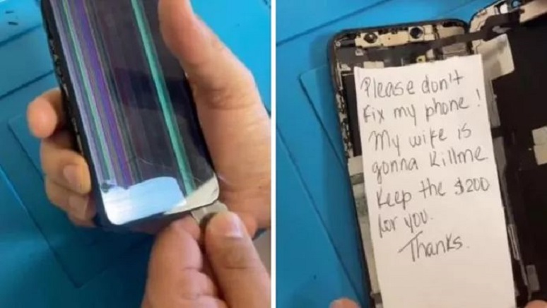 Note hidden in a broken phone: “Please don’t repair! My wife gonna me”