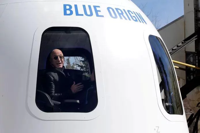 Blue Origin CEO Jeff Bezos at the presentation of a model of the New Shepard spacecraft in 2017.
