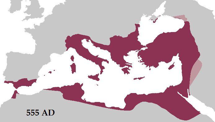 Byzantine Empire at its greatest extent in 555 AD under Justinian the Great