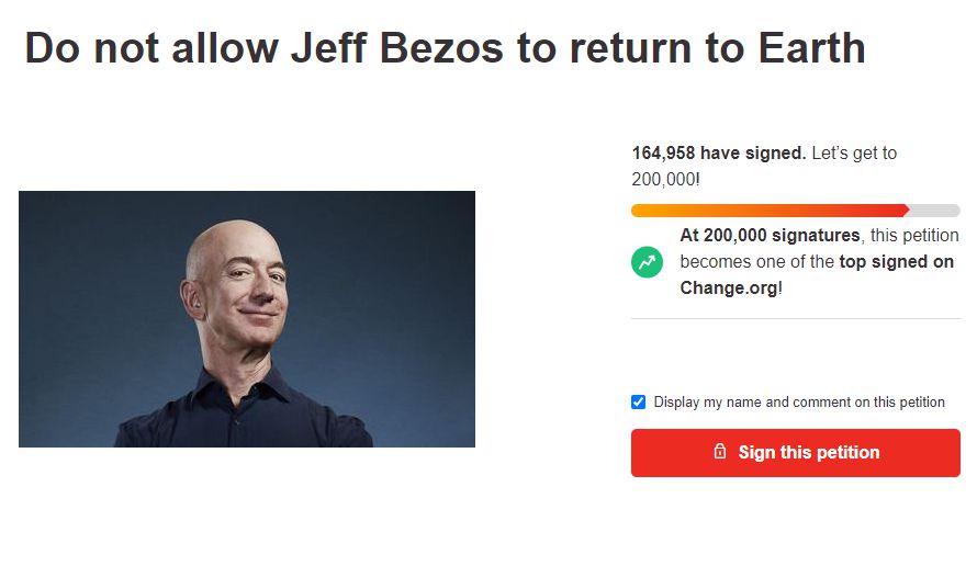 Over 164,000 people sign petition to stop Jeff Bezos from returning to Earth 