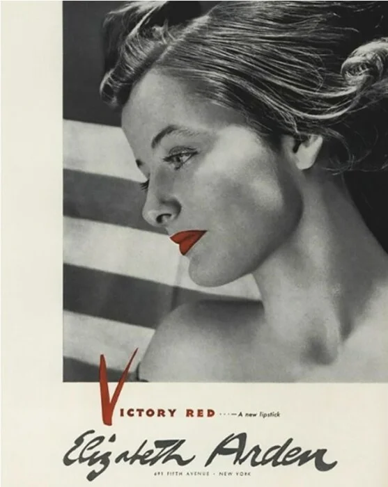 An archival poster for Elizabeth Arden lipstick during World War II