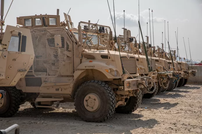 The Americans also left behind 70 MRAP vehicles, seen here on archival footage