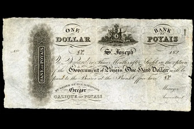Poyais Bank, ‘dollar’ printed in Scotland 
