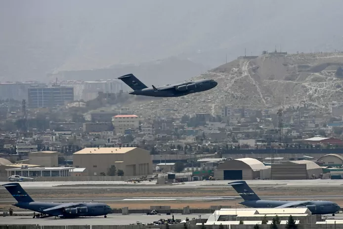 A US Air Force plane takes off from Kabul airport.
