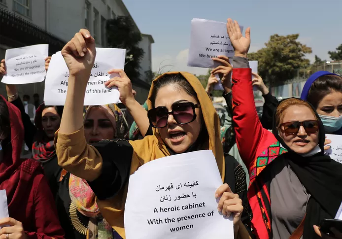 Women protest for women's rights under the Taliban in Kabul.
