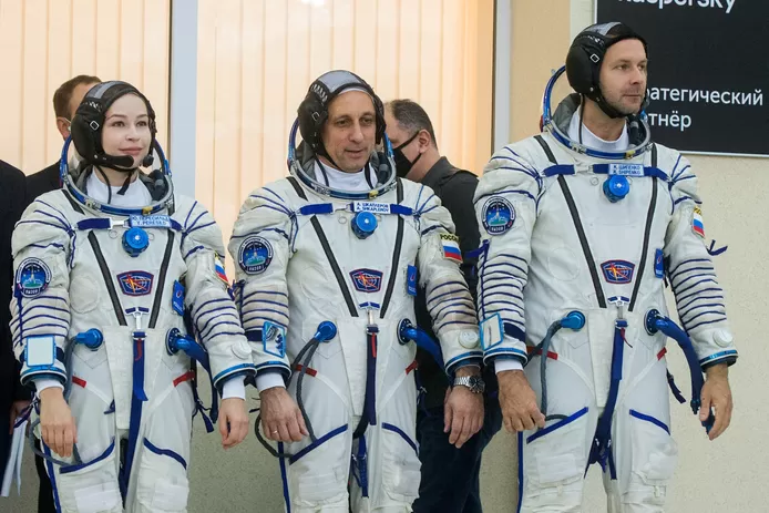 Crew members actress Julia Peresild, commander Anton Shkaplerov and director Klim Shipenko during a training session in preparation for their space journey.
