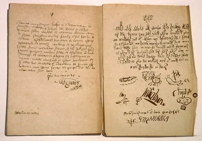 The treaty that Urbain Grandier allegedly concluded with evil spirits. At the end of the text – the signatures of the priest and 5 demons.