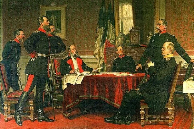 German headquarters at Versailles. From left to right: Blumenthal, Crown Prince Frederick, Verdi du Vernois, William I, Moltke, Roon, Bismarck.