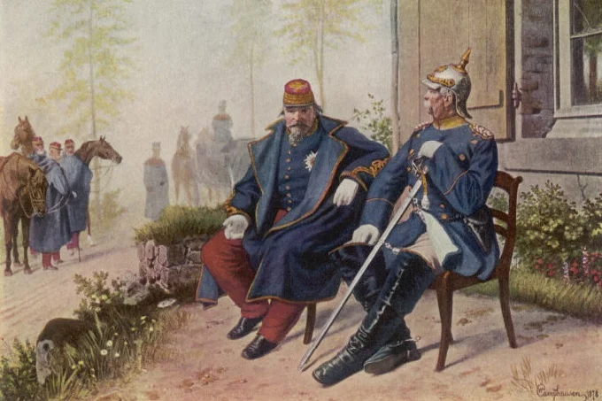 Napoleon III talks to Otto von Bismarck after being captured by Wilhelm Camphausen at the Battle of Sedan