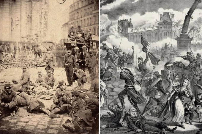 Left to right: First photograph of a Red Cross ambulance, troops of Versailles, 1870. 
