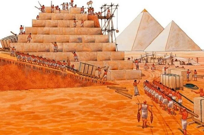 As seen by the artist, the pyramid is being built.