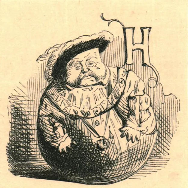 The obese King Henry VIII is depicted as a clumsy toy. From The Comic History of England by Gilbert Abbott A. Beckett with satirical illustrations by John Leach.