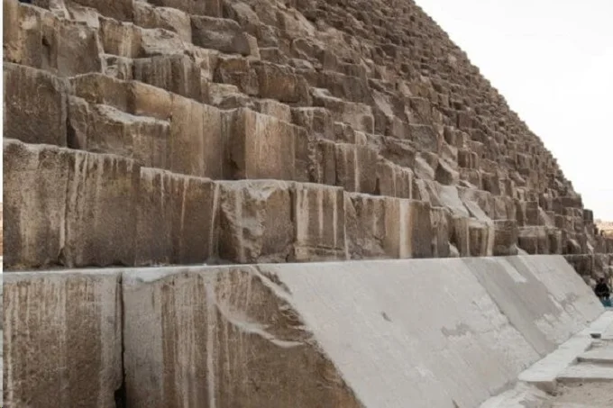 Many stone blocks as tall as an adult are used to construct the pyramids.