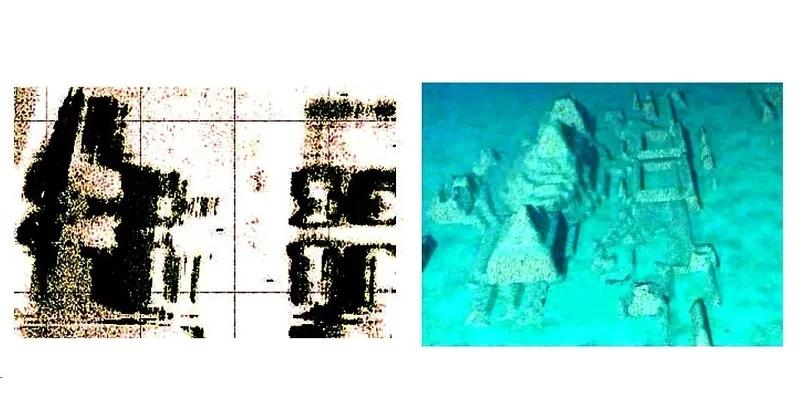 Left – sonar data was obtained from the study of the bottom area, later called the “Cuban Underwater City”. On the right is a computer simulation based on them. Most oceanologists are inclined to believe that these are just bizarre-looking natural formations.