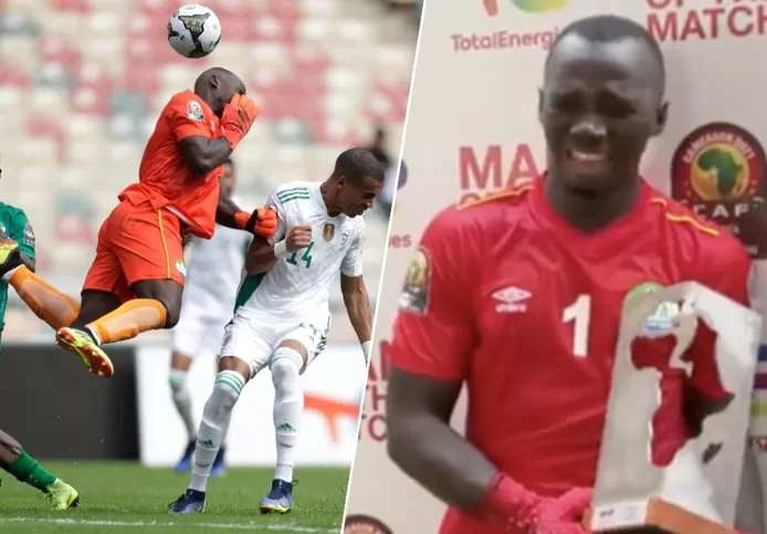Left: Mohamed Kamara with a spectacular save. Right: Kamara in tears afterwards.
