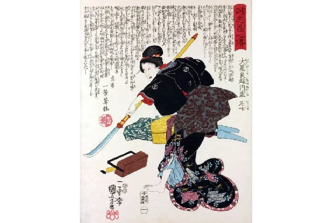Utagawa Kuniyoshi, "Ishi-yo, wife of Oboshi Yoshio" with naginata, 1848.