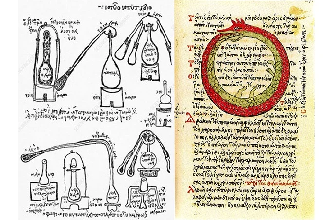 Page of a Parisinus graecus manuscript, 14th century, showing the distillation equipment of Zosimas of Panopolis