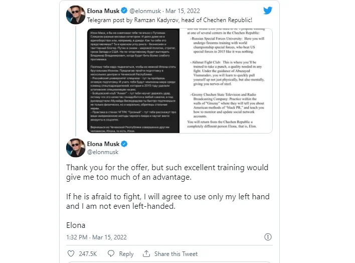 Musk posted a screenshot with the translation of Kadyrov’s Telegram post on Twitter.