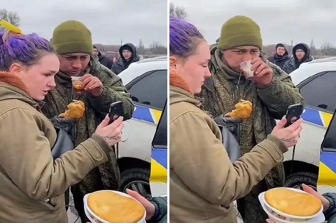 A Russian soldier was given tea and food by Ukrainians