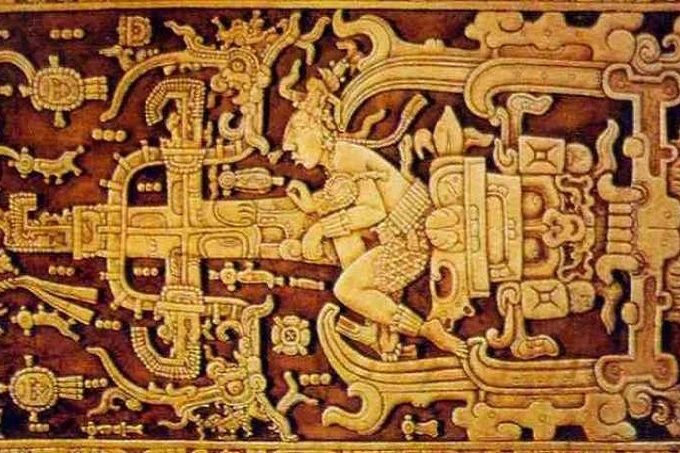 The position of the space pilot on the lid of the Mayan coffin