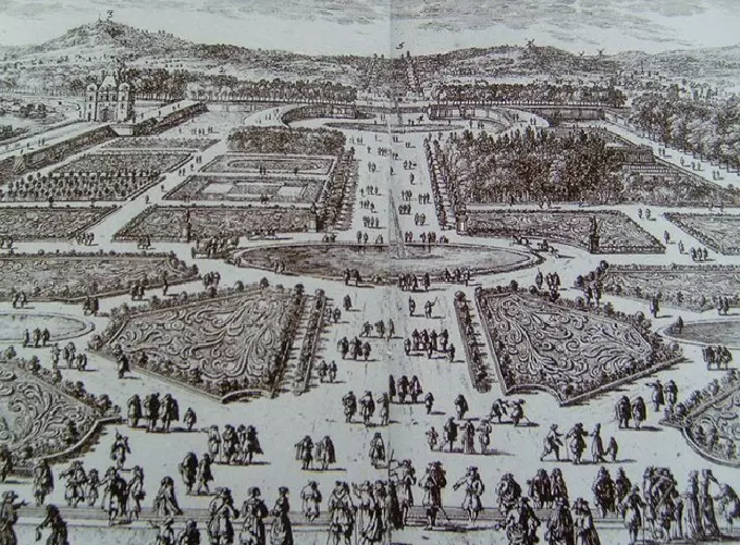 The Tuileries Garden in the 17th century, looking west towards the future Champs Elysees, engraving by Perel.