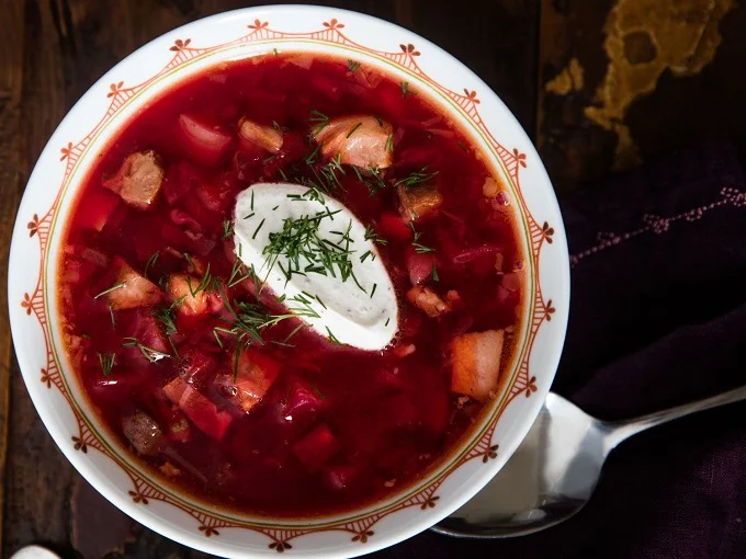Ukrainian borscht, a soup made from beetroot, carrot, potato, cabbage, and onion