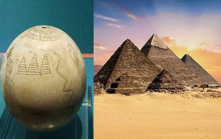 Why are the 3 pyramids of Giza depicted on an ostrich egg of 5,000 years old