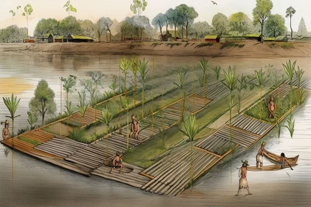 An artist's drawing of Aztec floating gardens.

