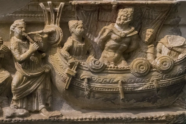 Etruscan alabaster urn depicting Odysseus on his ship, dating from around 200 BC.
