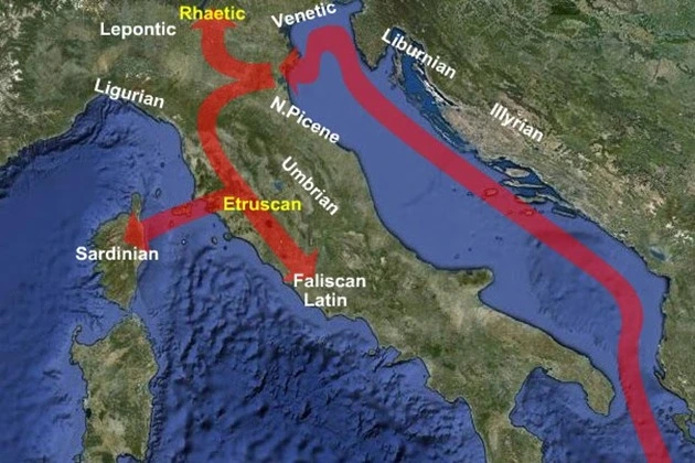 Etruscan territories and the main routes of distribution of Etruscan products
